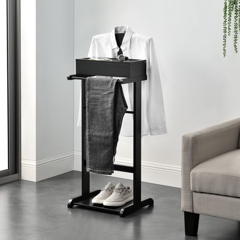 [En.Casa] – Valet de chambre en bois de pin noir – Boîte ouvrable avec 4 compartiments – Cintre pour pantalons et cravates – Structure solide