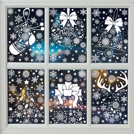 Autocollants de Noël, flocons de neige blancs, cadeaux, sapin du Père Noël, autocollants pour fenêtres, bonhomme de neige, chaussettes de Noël, rennes, décorations de fenêtres, autocollants statiques.