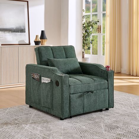 Fauteuil-lit 3 en 1 vert 190cm USB/Type-C,porte-gobelet inox,dossier 3 positions,parfait pour petits espaces. (1/5)