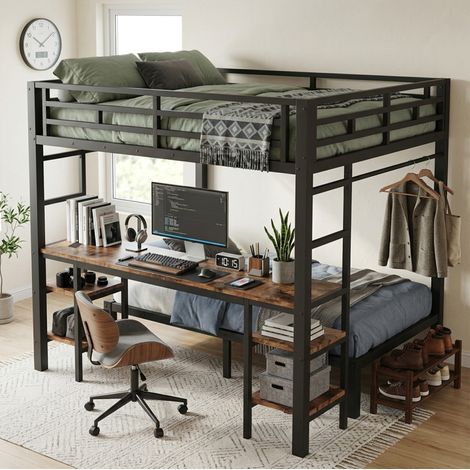 Lit superposé 140x200/90x200 cm en métal noir avec bureau, gain de place, sans matelas – MEUBLIV (1/5)