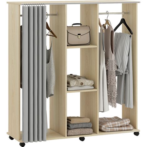 Armoire Penderie Mobile Manfred Dressing Roulettes 2 Tringles Étagères Rideau Gris Bois Clair