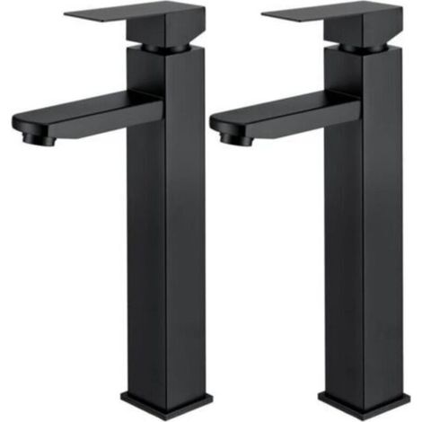 2x schwarze Waschtischarmatur, hohe Waschtischarmatur mit quadratischem Griff, Edelstahl-Handwaschtischarmatur (1/4)