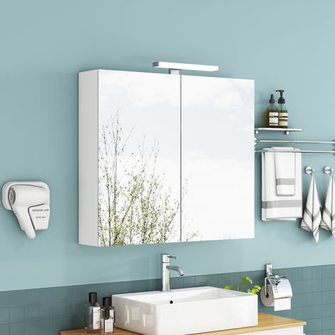 MODFU – Armadio toilette da parete 80 cm in MDF/vetro con 2 ante, ripiani in vetro regolabili, LED e presa francese – Bianco (1/5)
