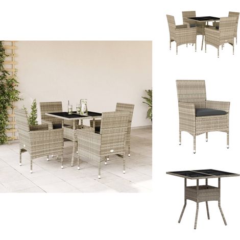 5-tlg. Garten-Essgruppe mit Kissen Hellgrau Poly Rattan Glas - Gartentisch - Gartenmöbelset - Esstisch - Outdoor Möbel - Terrassenmöbel (1/5)