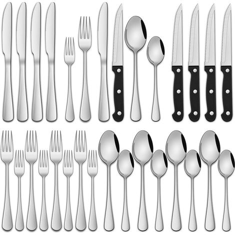 Este juego de cubiertos de plata de 24 piezas está fabricado en acero inoxidable y es adecuado tanto para uso doméstico como profesional. (1/5)