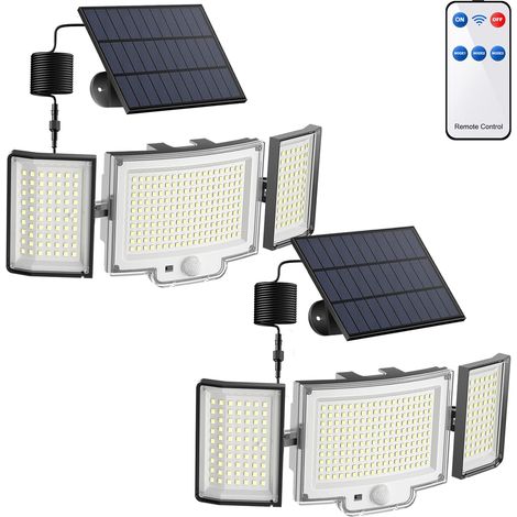 Lampe Solaire Extérieure - 328 LED - 3 Modes - Détecteur de Mouvement - Câble 5 M - Pour Terrasse Jardin Cour Porche - 2 Unités