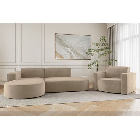 Sofa Set 2-teilig Sessel und Ecksofa PALMA XS Stoff Noel Beige Ottomane Links (1/3)