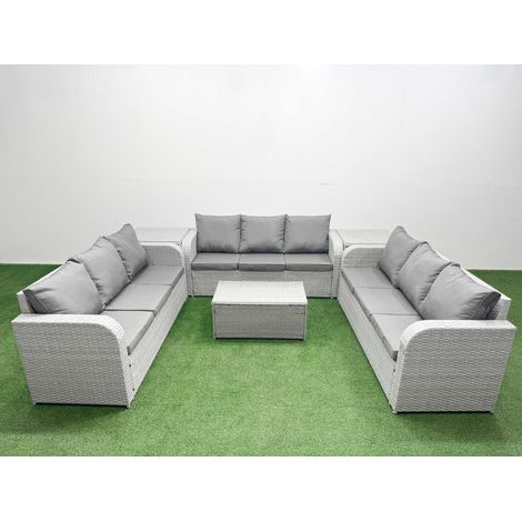 Fimous PE Rattan Lounge Sofa Set 9 Seater Outdoor Garden Furniture Set with Rectangular Coffee Table 3 Seater Sofa 2 Side Table Light Grey (1/5)