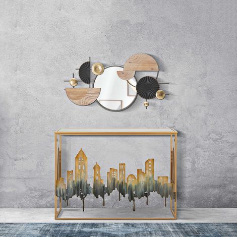 Consolle Elda, un Ripiano, Piano con Profilo di Città, Materiale Struttura in Vetro, 110x39x81h cm oro (1/4)