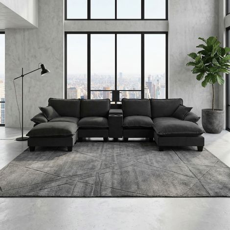Canapé U-Form Chenille Schwarz 362x151x90 cm, modular mit Stauraum, USB und Getränkehaltern