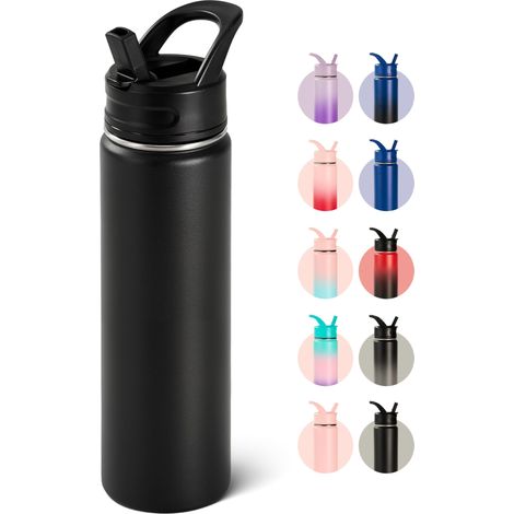 Gourde isotherme en acier inoxydable de 24 oz (env. 710 ml) avec paille, double paroi sous vide, étanche, sans BPA, noire (1/5)
