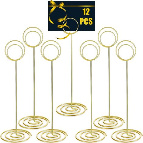 12 portanúmeros de mesa, portatarjetas de alambre grandes de 22 cm para menús, notas, tarjetas de nombre en bodas, fiestas, recepciones, restaurantes, oficinas en casa (dorado)