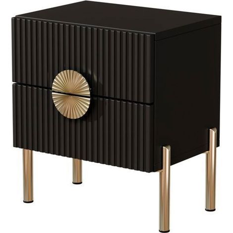 Table de Chevet Noire 2 Tiroirs Façades Rainurées Poignée Dorée Pieds Métal Dorés (1/3)