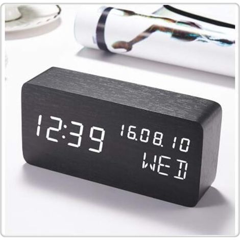 Réveil LED Cube Horloge en Bois Commande Vocale Électronique