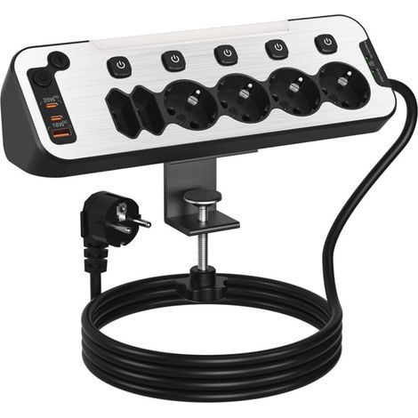 Multiprise de Bureau 6 Prises,Bloc Prise de Table avec USB C,Multiprise Parafoudre et Surtension avec Support de Bureau Fixable en Aluminium,Charge Rapide PD 20W Prise Multiple d’Angle,2M Câble,Noir (1/5)