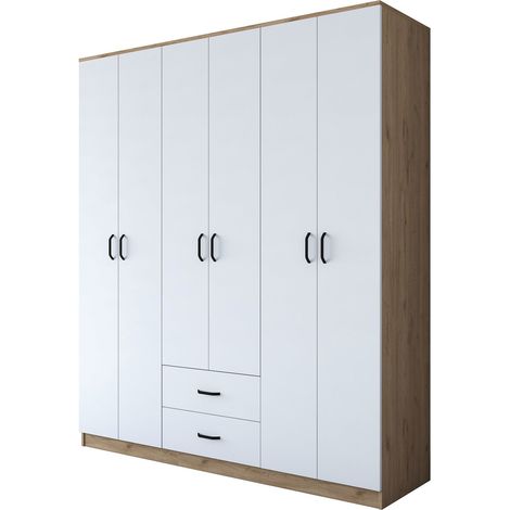 Armario Grande Tadasuni, Dormitorio 5 Estantes, 2 Cajones, Colgador, 180x210 cm Blanco