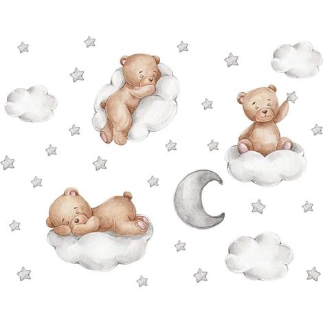 Autocollants Muraux Enfant Amovible Sticker Mural Avec Ours Nuages étoiles et Lune Autocollant Mural Animaux Pour Chambres Enfants BéBé Crèches Pépinière (1/5)