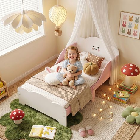Lit bébé 70x140 cm, lit pour enfant avec barrière de protection et sommier à lattes en bois, rose (sans matelas) (1/5)