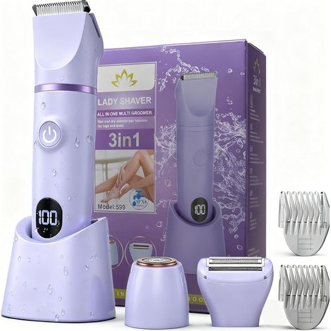 3 in 1 Rasoir Electrique Femme, Tondeuse Intime, IPX7 Étanche Rasoir Femme, utilisation humide et sèche pour le visage, les aisselles, les jambes (Violet) (1/5)