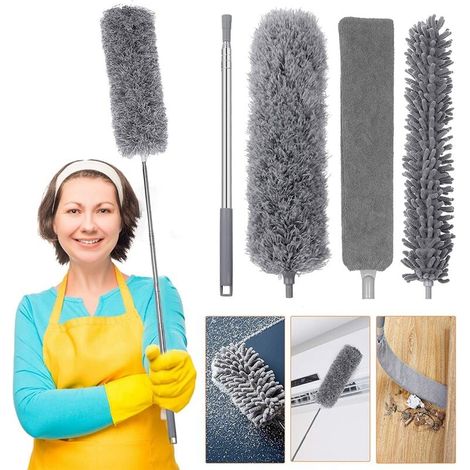 Poteau + tête en microfibre (gris) + tête en chenille + tête de brosse à crevasses (taille du carton de mise à niveau de 2,5 m : 44 x 8,5 x 7) plumeau multitêtes, (1/5)