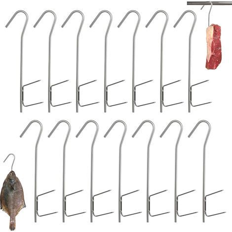 Crochet de Boucher, 14 Pièces Crochets Fumoir, Crochets de Fumage en H en Acier Inoxydable Argent, Crochet à Viande Fumoirs pour BBQ Viande Barbecue, Fumoir pour Viande et Poisson - 21cm