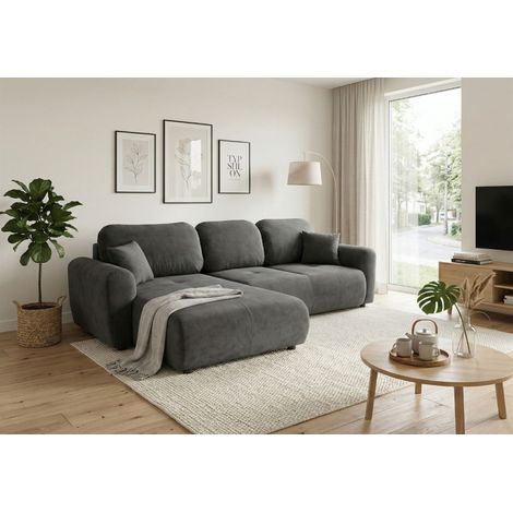 Ecksofa mit Schlaffunktion BRUSK MAX in Stoff Kronos Dunkelgrau Ottomane Links (1/5)