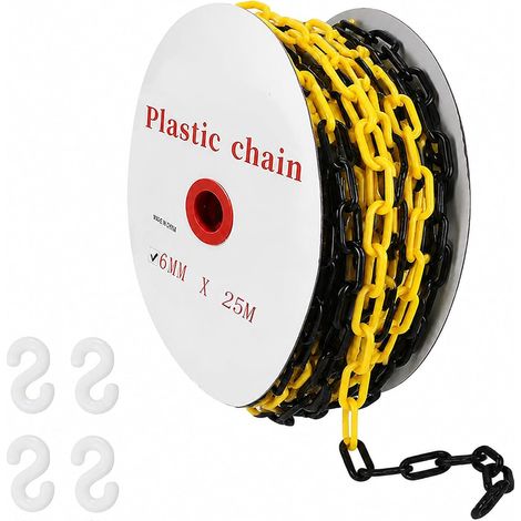 Chaîne de barrière en plastique, 6 mm x 25 m, chaîne d'avertissement, chaîne en plastique avec 4 crochets en S, chaînes de barrière pour chantier, parking, files d'attente et entretien des commandes (1/5)
