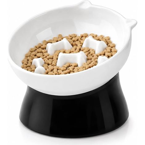 Elevated Anti-Glutton Bowl for Cats Ceramic - Inclined Maze Bowl for Slow Feeding and Anti-Vomiting - Black and White (1/5)
