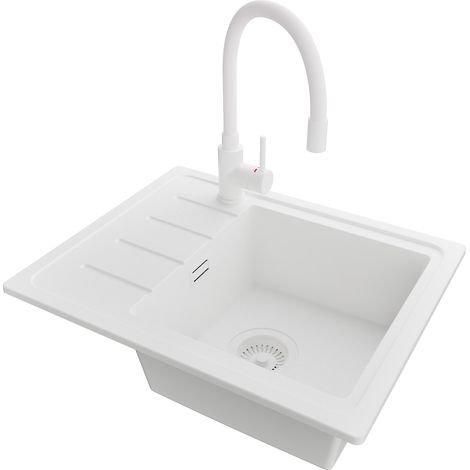 PRIMAGRAN Evier Cuisine en Granit 55x44cm,Lavabo 1 bac + Robinet 38x14cm + Kit de Vidage, Évier à Encastrer au meuble 45cm - Copenhague Easy, Tout Blanc (1/5)