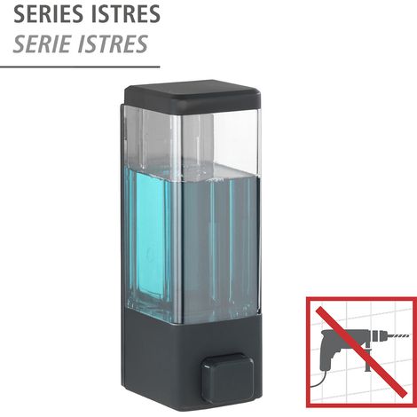 WENKO Distributore di sapone liquido da parete Istres, distributore di gel igienizzante da parete, senza foratura, capacità 320 ml, plastica, 6x18,5x7,5 cm, nero (1/5)