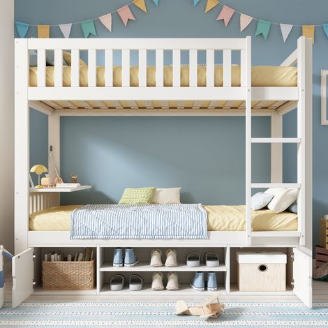 Lit superposé enfant 90x200 cm avec table rabattable rangement chaussures sommier lattes gain de place EN 747 blanc (1/5)