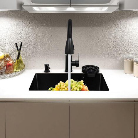 50 x 40 x 20cm Spülbecken Edelstahl Küchenspülen 1 Becke Waschbecken küche Einbauspüle mit 360° drehbarer Wasserhahn,Abtropfkorb,Überlauf Verhindern,Schwarz Eckiges Becken Innengröße 45 x 32cm (1/5)