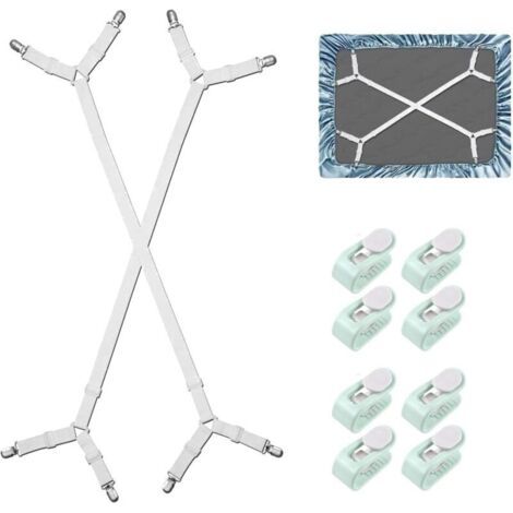 Set aus 8 verstellbaren Bettlakenverlängerungen mit 8 Abdeckclips, dreieckigen Verlängerungen von 100 bis 250 cm, elastischen Verlängerungen mit Metallclips für Laken, Matratzen und Bügelbretter. (1/4)