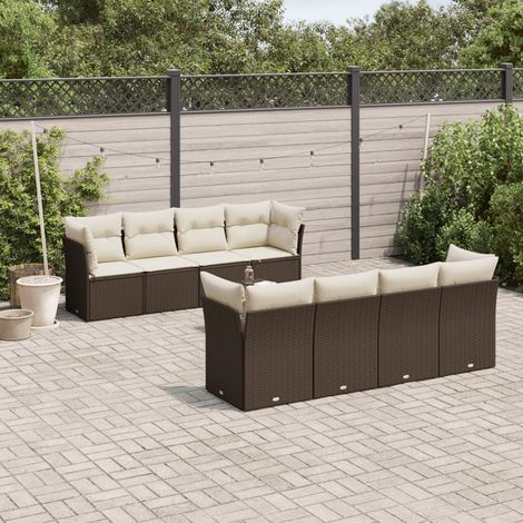 Ensemble de Salon de Jardin 9 Pièces en Résine Tressée Marron - Sofa, Fauteuils et Table avec Coussins Blancs Crème - Confortable et Modulable pour Terrasse, Balcon ou Patio (1/3)