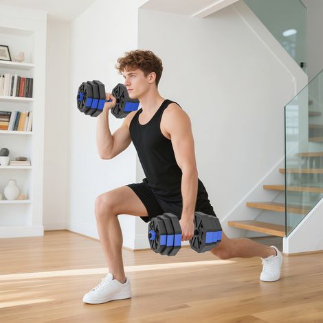 Set di manubri per allenamento con i pesi 4 in 1: kettlebell regolabile da 25 kg, bilanciere per sollevamento pesi, supporto per flessioni, blu (1/5)