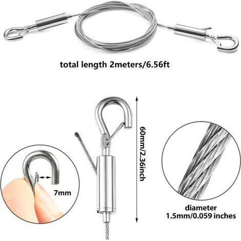 2Pcs Fil de suspension d'image réglable - Kit lourd en acier inoxydable de 2m x 1.5mm pour miroirs, lampes, panneaux d'affichage et plus - Supporte jusqu'à 30kg (1/3)