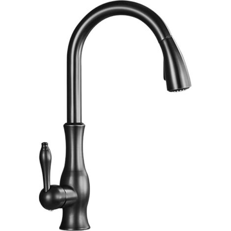 Robinet de cuisine Robinet de cuisine en Bronze noir, mitigeur chaud et froid à pulvérisation extractible, poignée monotrou en laiton pivotant à 360 degrés(Matte Black) (1/5)