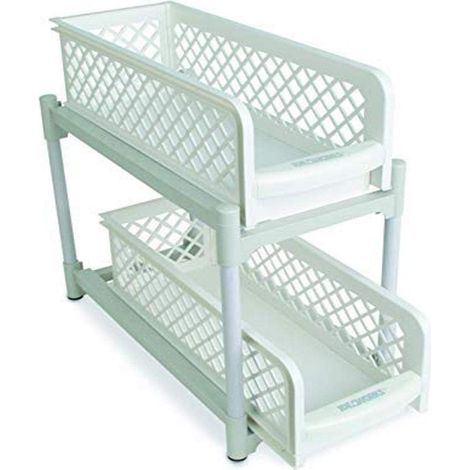 Petite Étagère de Rangement 2 Tiroirs - Paniers Coulissants et Amovibles - 2 Niveaux - Gain de Place - Pour Placard - Dessous d'Évier - Cuisine - Plastique - Blanc - H19,5cm (1/2)