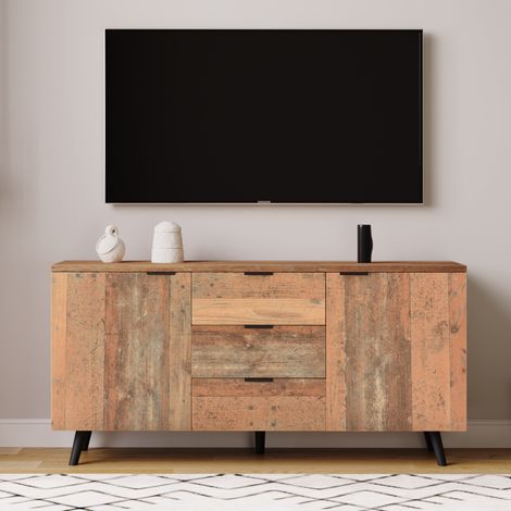Mueble TV 140 x 35 x 70 cm con 3 cajones y estantes regulables, vintage marrón HAVRYA (1/5)