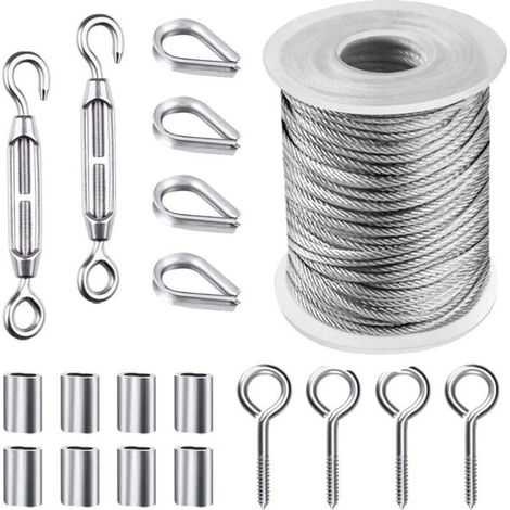 HGYCPP Kit de fil de jardin/fil pour tableau/treillis métallique 50 pieds, câble en acier inoxydable robuste avec revêtement en PVC, vis tire-fond, 19 pièces