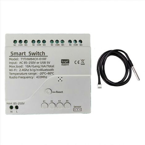 Interrupteur intelligent Tuya WiFi à 4 canaux avec capteur de température et d'humidité, contact sec passif pour D (1/5)
