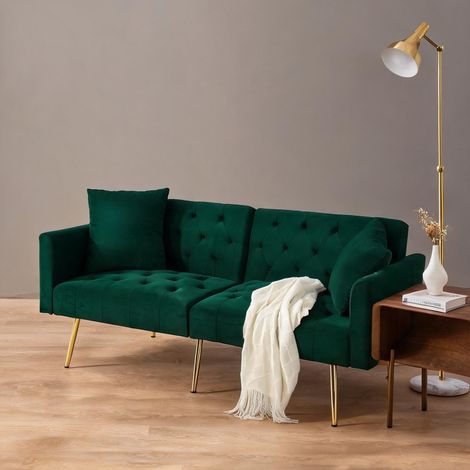 Canapé 2 places velours vert avec dossier inclinable en velours (1/5)