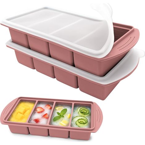 Vassoio per congelatore in silicone in 2 pezzi con coperchio, 4 scomparti da 250 ml, contenitore impilabile senza BPA per zuppe, brodi, salse e preparazione dei pasti. (1/5)