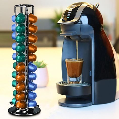 Support à capsules à café ,tournant Support à capsules à café,Distributeur de capsules,Grande capacité Peut contenir 40 capsules,en métal robuste,Fil chromé,durable et facile à nettoyer,Noir (1/4)