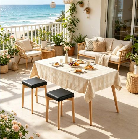 Lot de 2 tabourets de salle à manger empilables en hêtre et cuir régénéré, assise compacte sans dossier, style design noir et bois naturel  CHICFURN (1/5)