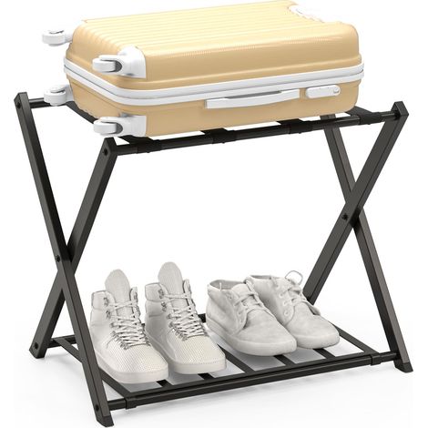 COSTWAY Luggage Rack Folding Suitcase Stand with Storage Shelf-Black