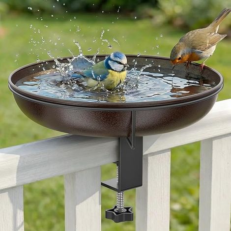 Bain d'oiseaux suspendu balustrade balcon, diamètre : 26 cm, en métal, bain d'oiseaux, jardin, oiseaux sauvages, résistant à l'hiver, balustrade balcon, rouge (1/5)