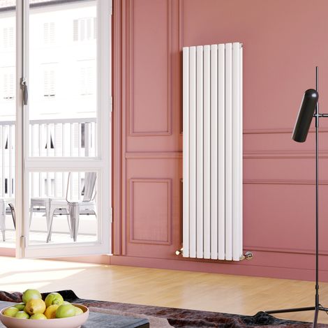 ELEGANT Central Heating Radiator 1600 x 472mm Vertical White Double Panel Oval Column Rad + Angled Radiator Valves (1/5)