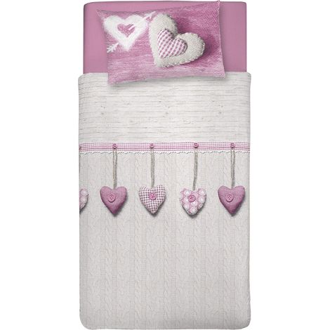 Parure de lit Simple 100% Coton, avec Sac 155 x 200 cm et 1 taie d'oreiller 52 x 82 cm, fabriquée en Italie, Housse de Couette Lavable en Machine à 40 °, Motif cœur Suspendu Rose (1/5)