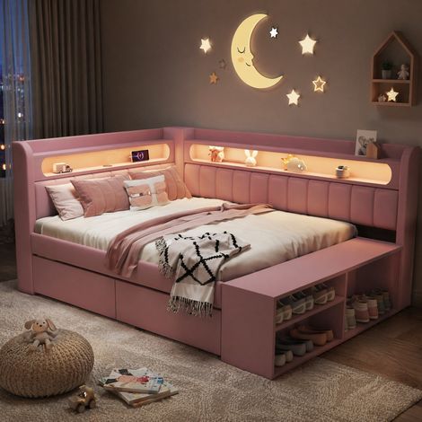 Tagesbett 90x200 cm Rosa aus MDF, Sperrholz und Polsterung mit LED-Beleuchtung, USB-Anschluss und Stauraum (1/5)